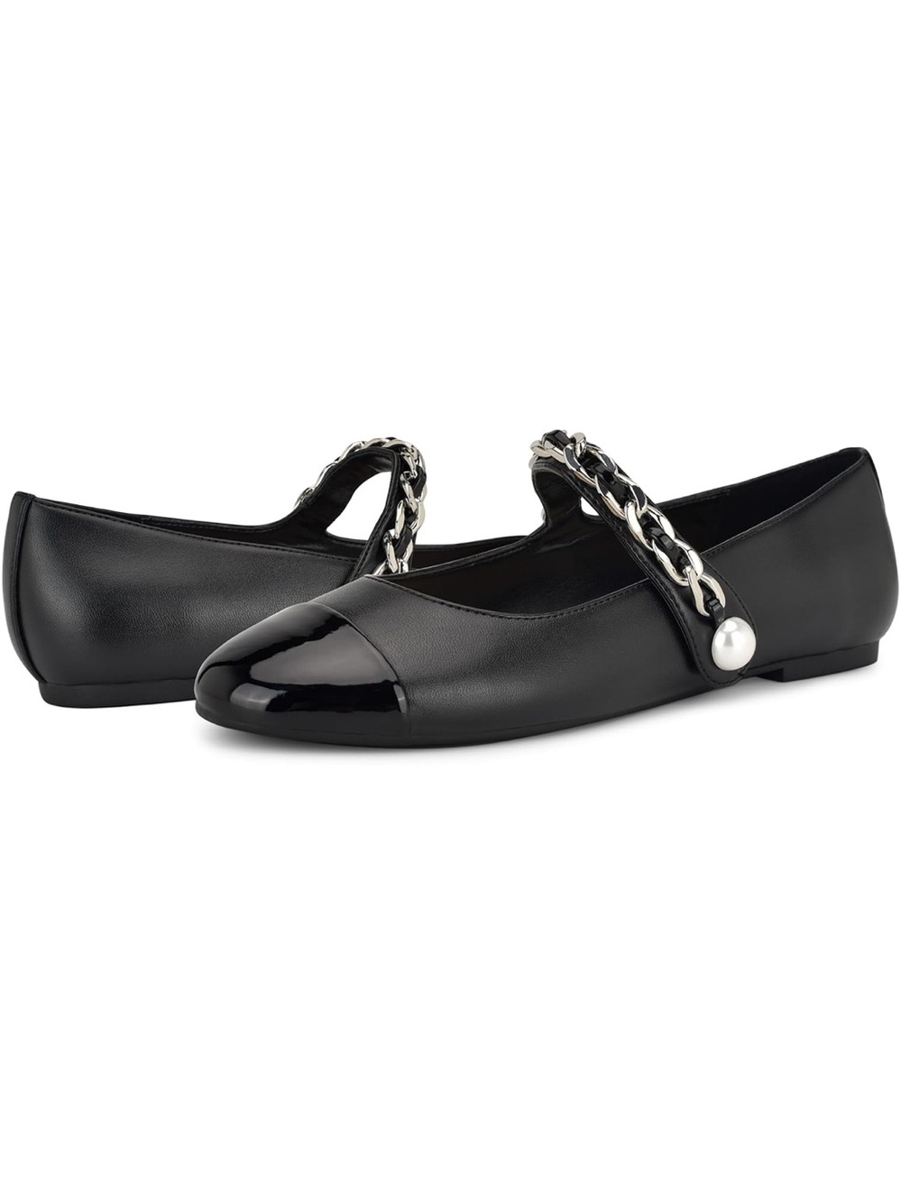 Nine West Black Mary Jane Flats with Chain Strap and Pearl